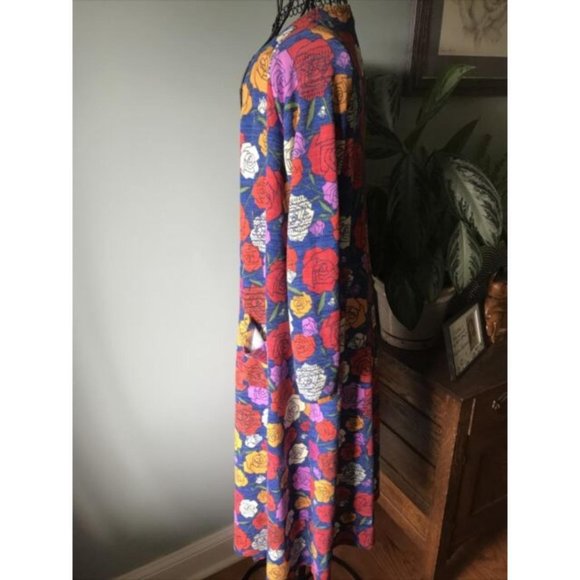 NWOT Women’s LG LuLaRoe Simple Comfort Cardigan Duster Blue Red/Org/Purp. Roses - Picture 2 of 4